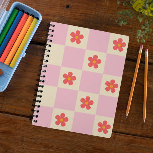 Cuaderno Naranja Groovy Flores de margarita y cuadros rosad