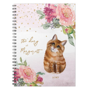 Cuaderno Naranja Ilustracion Gato Flores Chica Diario