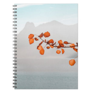 CUADERNO NARANJA LEAF CERCA DEL CUERPO DE AGUA Y MONTAÑAS