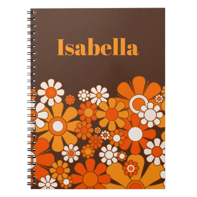 Cuaderno Naranja marrón de flores de jardín retro de 70 año (Frente)