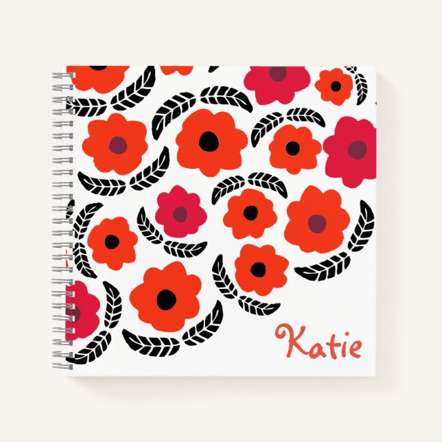 Cuaderno Naranja moderno y floral roja personalizada (Anverso)