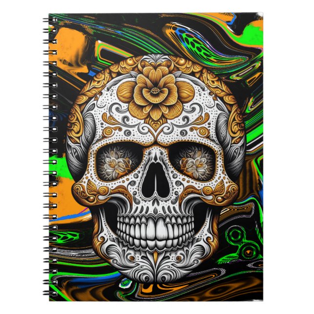 Cuaderno Naranja negro y arte del cráneo de azúcar verde an (Frente)