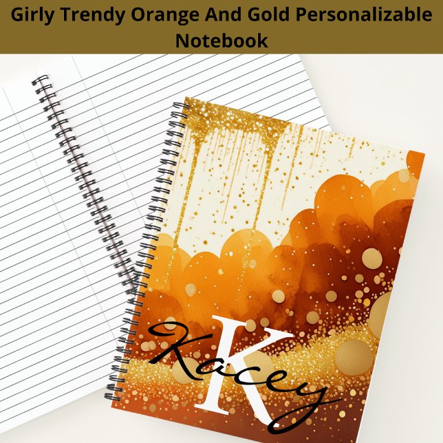 Cuaderno Naranja Purpurina de oro Girly Monograma Nombre (Subido por el creador)