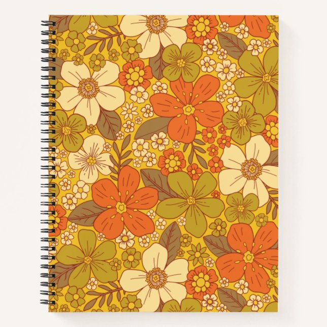 Cuaderno Naranja retro 60/70 y floral verde oliva (Anverso)