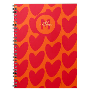 Cuaderno Naranja Retro Groovy Red Hearts Nombre Sobre Monog