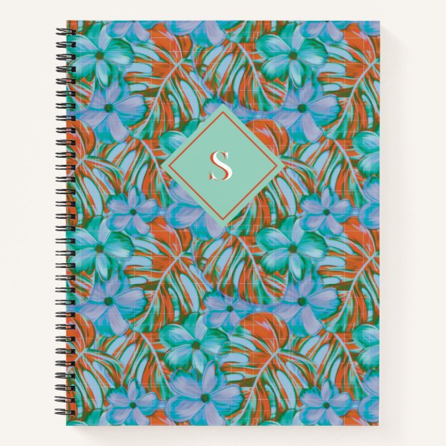 Cuaderno Naranja retro y flores azules (Anverso)