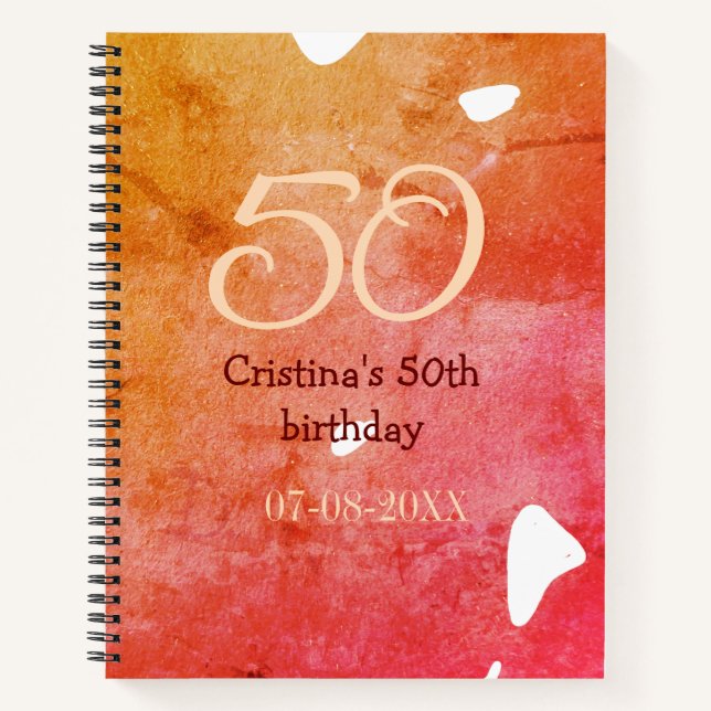 Cuaderno Naranja rojo 50 cumpleaños fecha de añadir nombre  (Anverso)