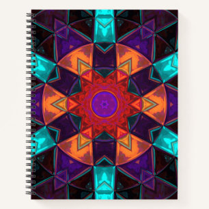 Cuaderno Naranja Rojo de Flor Mosaica Kaleidoscope y Azul