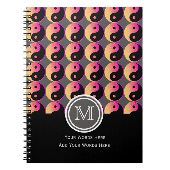 Cuaderno Naranja Rosa Y Portátil Monograma Yin Yang Negro (Frente)
