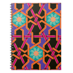 Cuaderno Naranja verde de flores y etnia geométrica púrpura