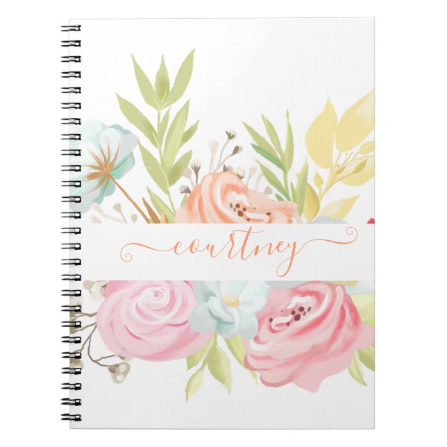 Cuaderno Naranja y acuarela rosa floral personalizada (Frente)