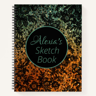 Cuaderno Naranja y floral verde negro morada personalizada