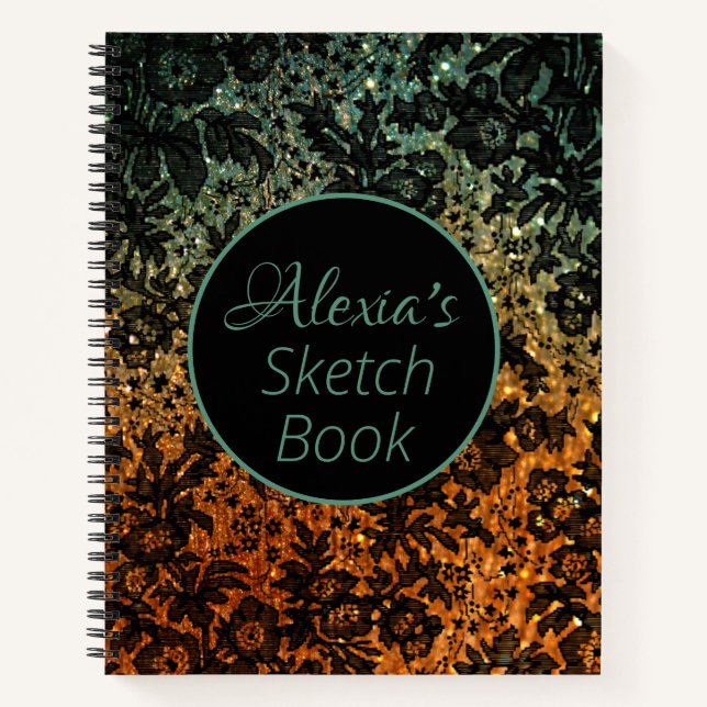 Cuaderno Naranja y floral verde negro morada personalizada (Anverso)