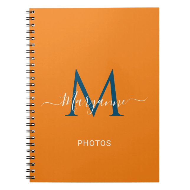 Cuaderno Naranja y fotos azules personalizadas en monograma (Frente)