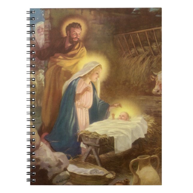 Cuaderno Natividad navideña vintage, Mary Joseph Baby Jesus (Frente)