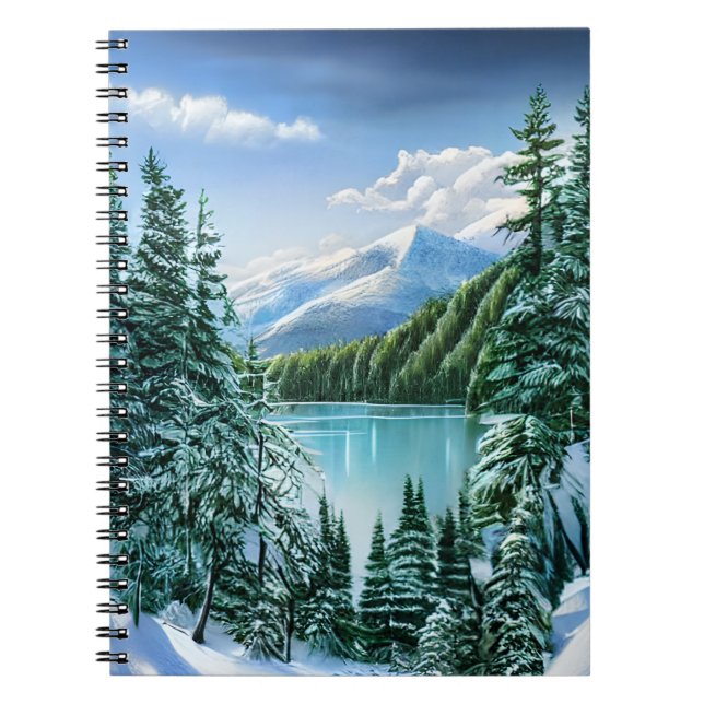 Cuaderno Naturaleza Invierno Cielo Montaña Lago Pinos Árbol (Frente)