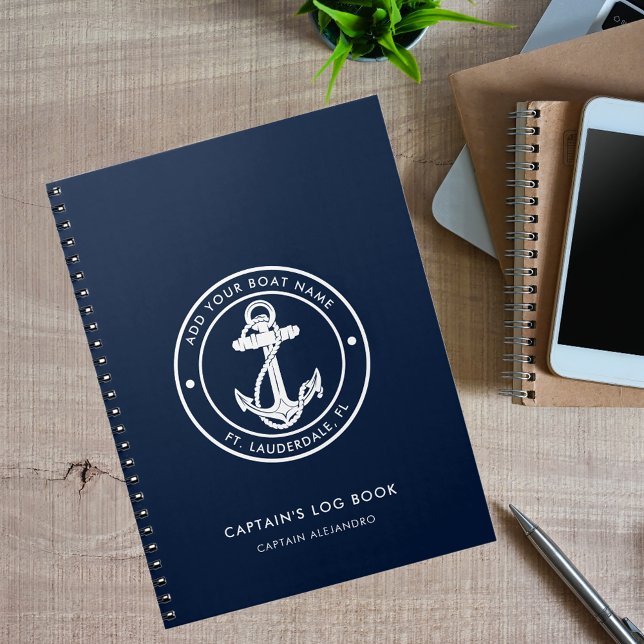 Cuaderno Nautical Anchor Boat Name Navy Blue Captain's Log (Nautical Anchor Custom Boat Name Log Book)