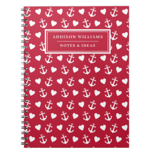 Cuaderno Nautical Anchor Heart Pattern Red Name