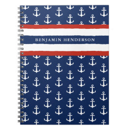 Cuaderno Nautical Anchor Naval Blue White Red Custom Name