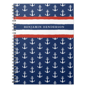Cuaderno Nautical Anchor Naval Blue White Red Custom Name