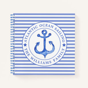 Cuaderno Nautical Anchor Navy Blue Striped Personalizado