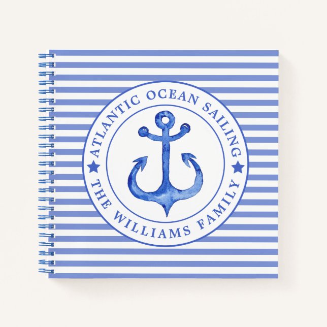 Cuaderno Nautical Anchor Navy Blue Striped Personalizado (Anverso)