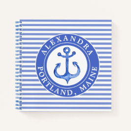 Cuaderno Nautical Anchor Navy Blue Striped Personalizado