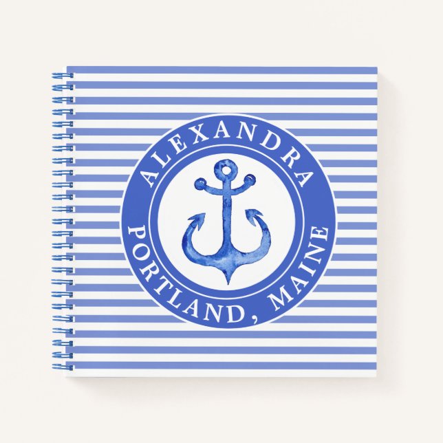 Cuaderno Nautical Anchor Navy Blue Striped Personalizado (Anverso)