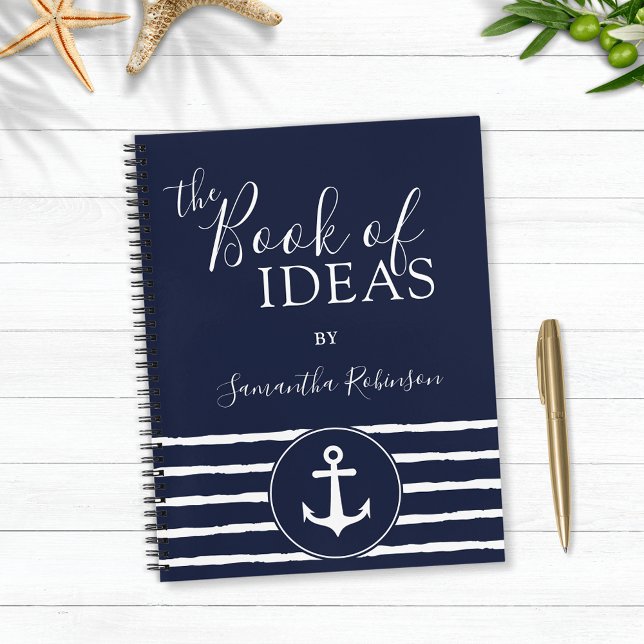Cuaderno Nautical Anchor Personalizado Naval Blanca Azul (Personalized  Navy Blue Nautical Notebook with Anchor and Stripes)