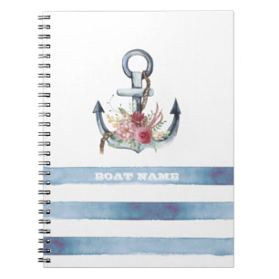 Cuaderno Nautical Boat Name,Anchor Flowers Stripes