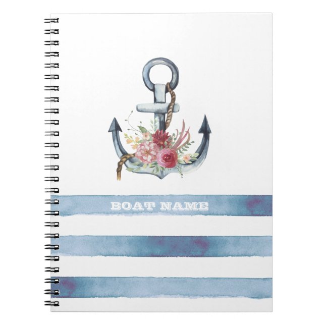 Cuaderno Nautical Boat Name,Anchor Flowers Stripes (Frente)