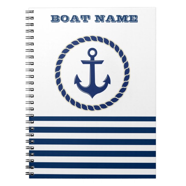 Cuaderno Nautical Boat Name,Anchor Naval Blue Stried (Frente)