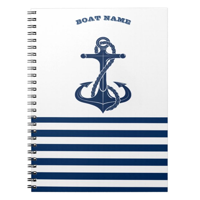 Cuaderno Nautical Boat Name,Anchor Naval Rayas Blancas Azul (Frente)