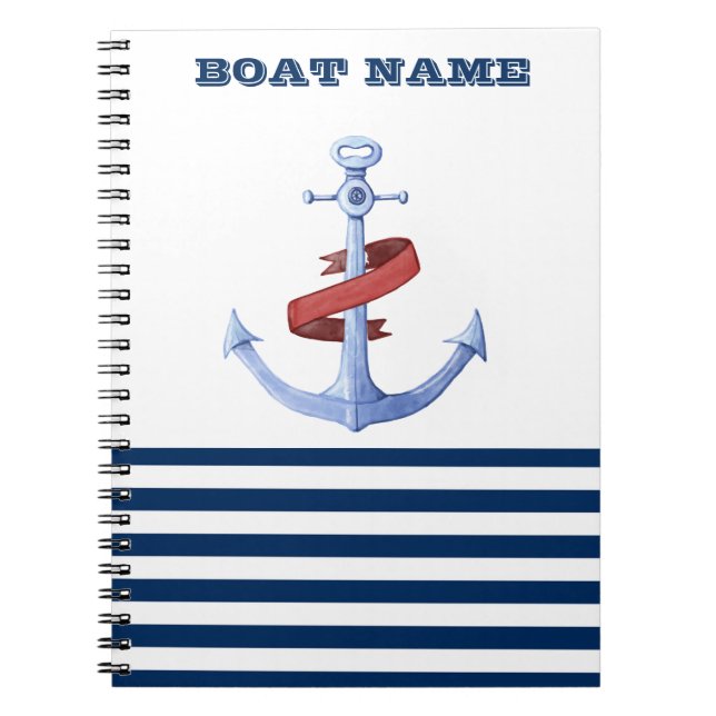 Cuaderno Nautical Boat Name,Blue Anchor Nave Strip (Frente)