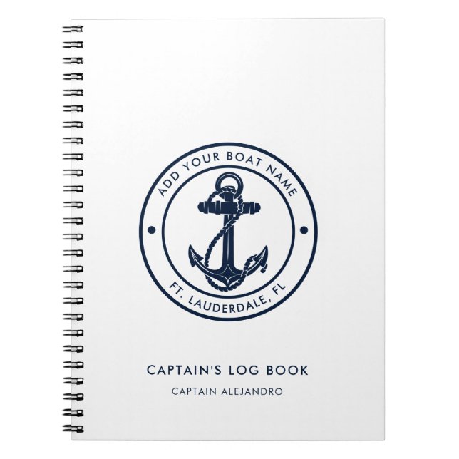 Cuaderno Nautical Boat Name Navy Blue Anchor Captain's Log (Frente)
