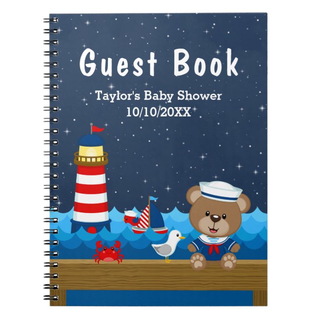 Cuaderno Nautical Boy Bear Red Baby Shower Guest Book (Frente)