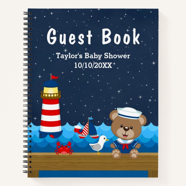 Cuaderno Nautical Boy Bear Red Baby Shower Guest Book (Anverso)