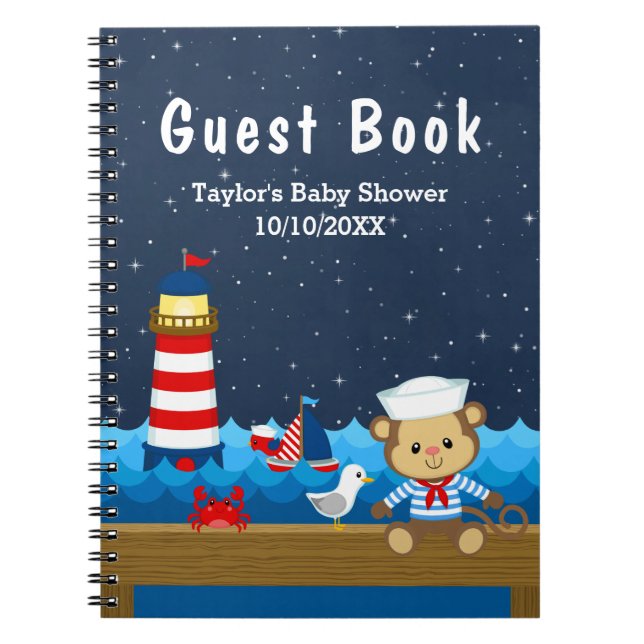 Cuaderno Nautical Boy Monkey Red Baby Shower Guest Book (Frente)
