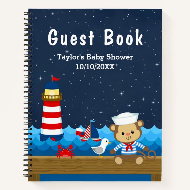 Cuaderno Nautical Boy Monkey Red Baby Shower Guest Book (Anverso)