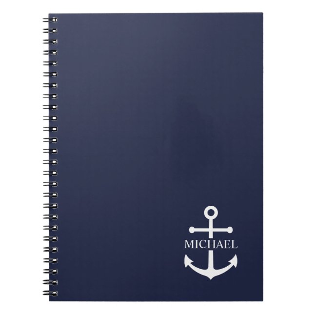 Cuaderno Nautical Navy Blue Anchor Nombre Personalizado (Frente)