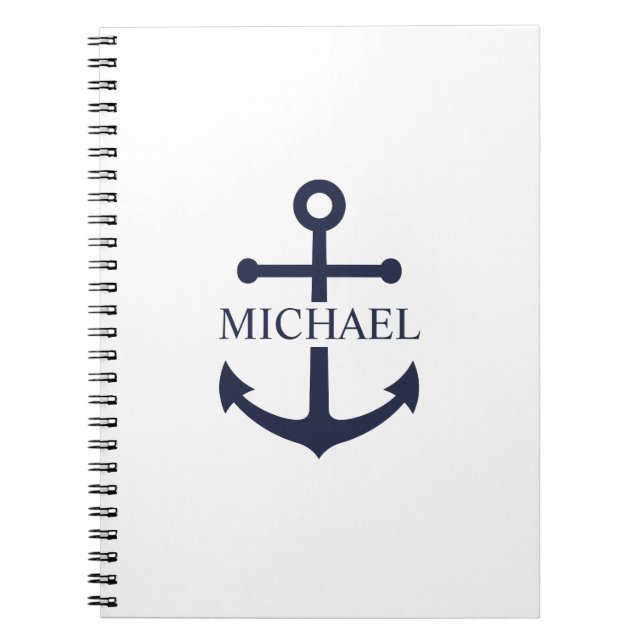 Cuaderno Nautical Navy Blue Anchor Nombre Personalizado (Frente)