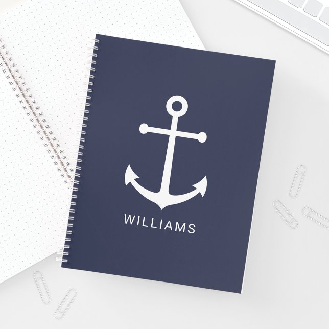 Cuaderno Nautical White Anchor y nombre personalizado en az (Subido por el creador)