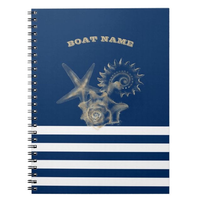 Cuaderno Náutico, Conchas de Oro Rayas Azul Marino  (Frente)