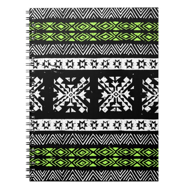 Cuaderno Navajo tribal, patrón verde blanco negro. (Frente)