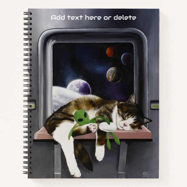 Cuaderno Nave Espacial Gato Tabby Verde Alien Muñeco de Pel (Anverso)