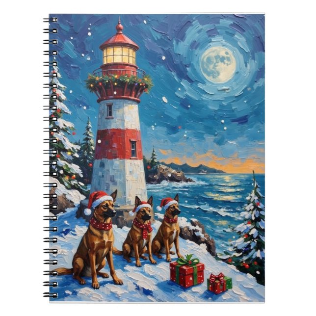 Cuaderno Navidad con Faro de Malinois Belga Fiesta (Frente)