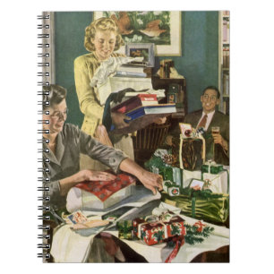 Cuaderno Navidad Vintage, Familia Feliz envolviendo regalos