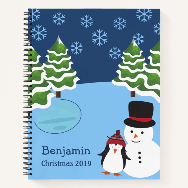 Cuaderno Navidades copos de nieve con pingüino y nombre (Anverso)