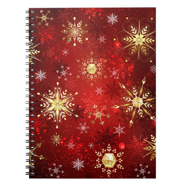 Cuaderno Navidades Copos de nieve dorados con fondo rojo (Frente)