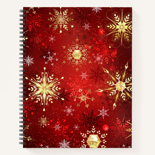 Cuaderno Navidades Copos de nieve dorados con fondo rojo (Anverso)